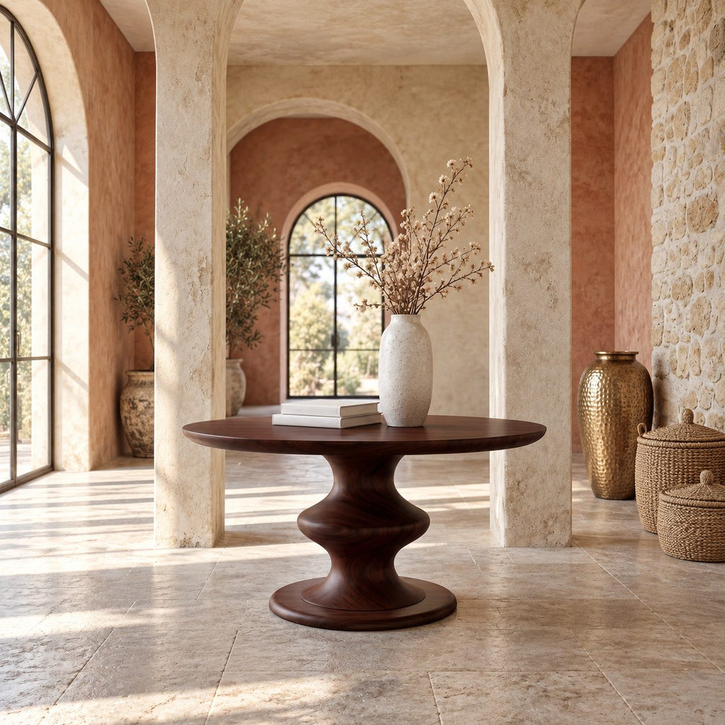 Round Foyer Table with Turned Spool Pedestal Base, Mid Century Solid Wood Entryway Accent Table