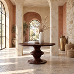 Round Foyer Table with Turned Spool Pedestal Base, Mid Century Solid Wood Entryway Accent Table