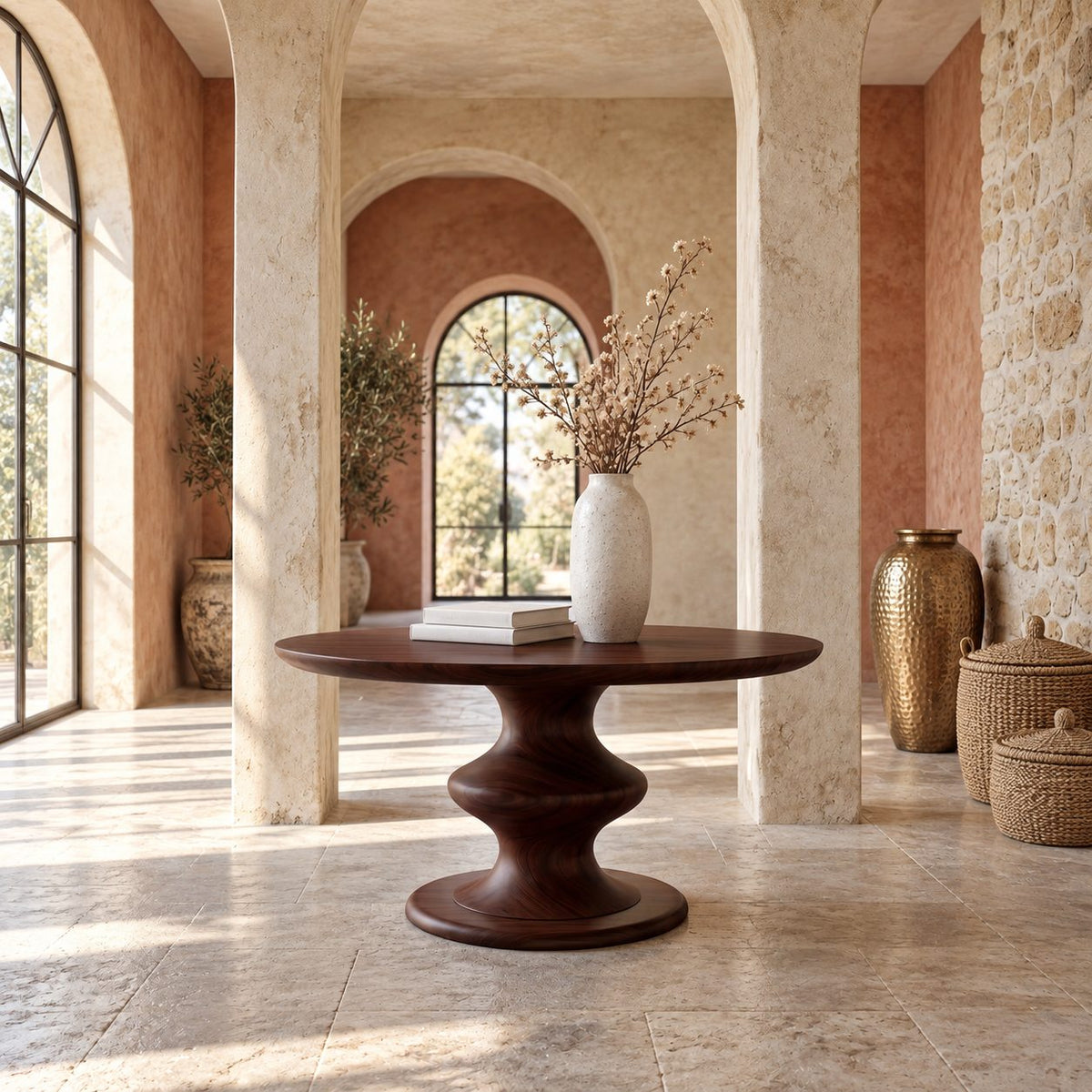 Round Foyer Table with Turned Spool Pedestal Base, Mid Century Solid Wood Entryway Accent Table
