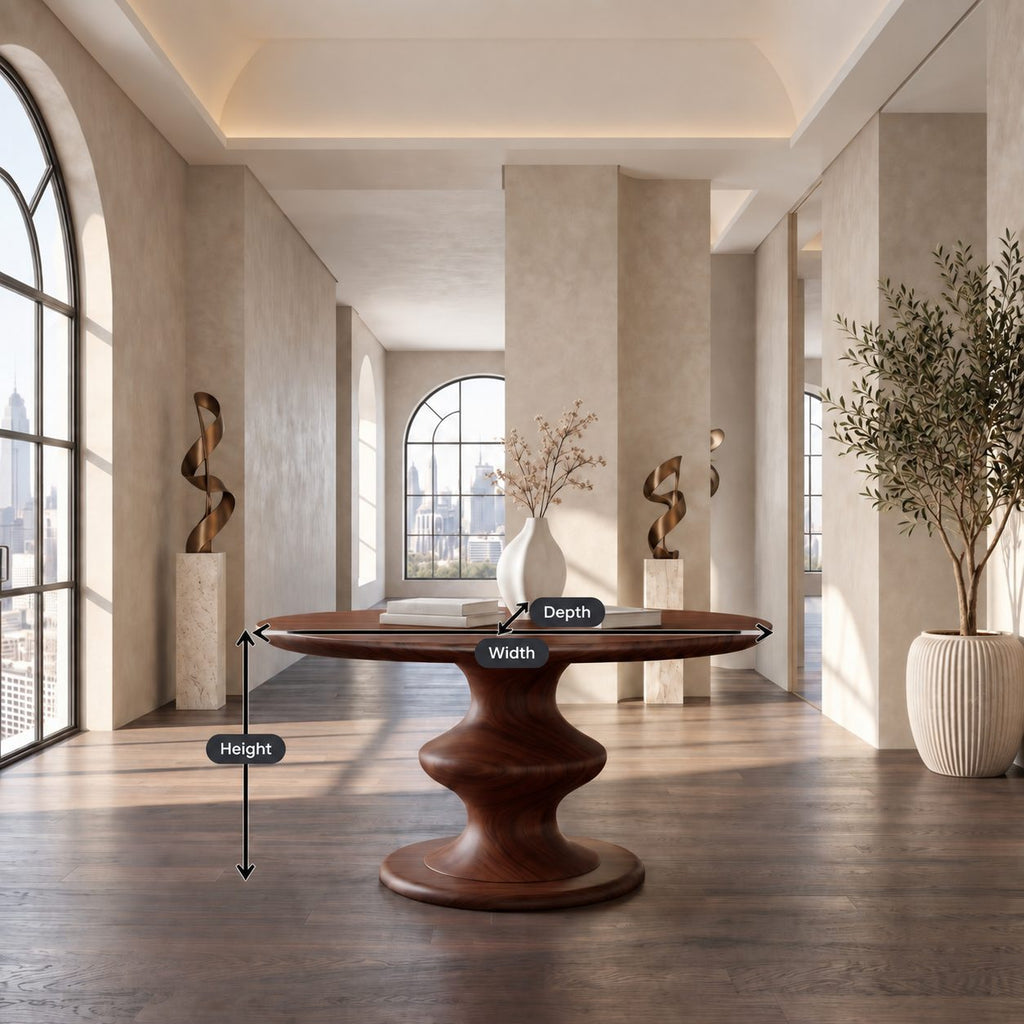 Round Foyer Table with Turned Spool Pedestal Base, Mid Century Solid Wood Entryway Accent Table