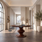 Round Foyer Table with Turned Spool Pedestal Base, Mid Century Solid Wood Entryway Accent Table