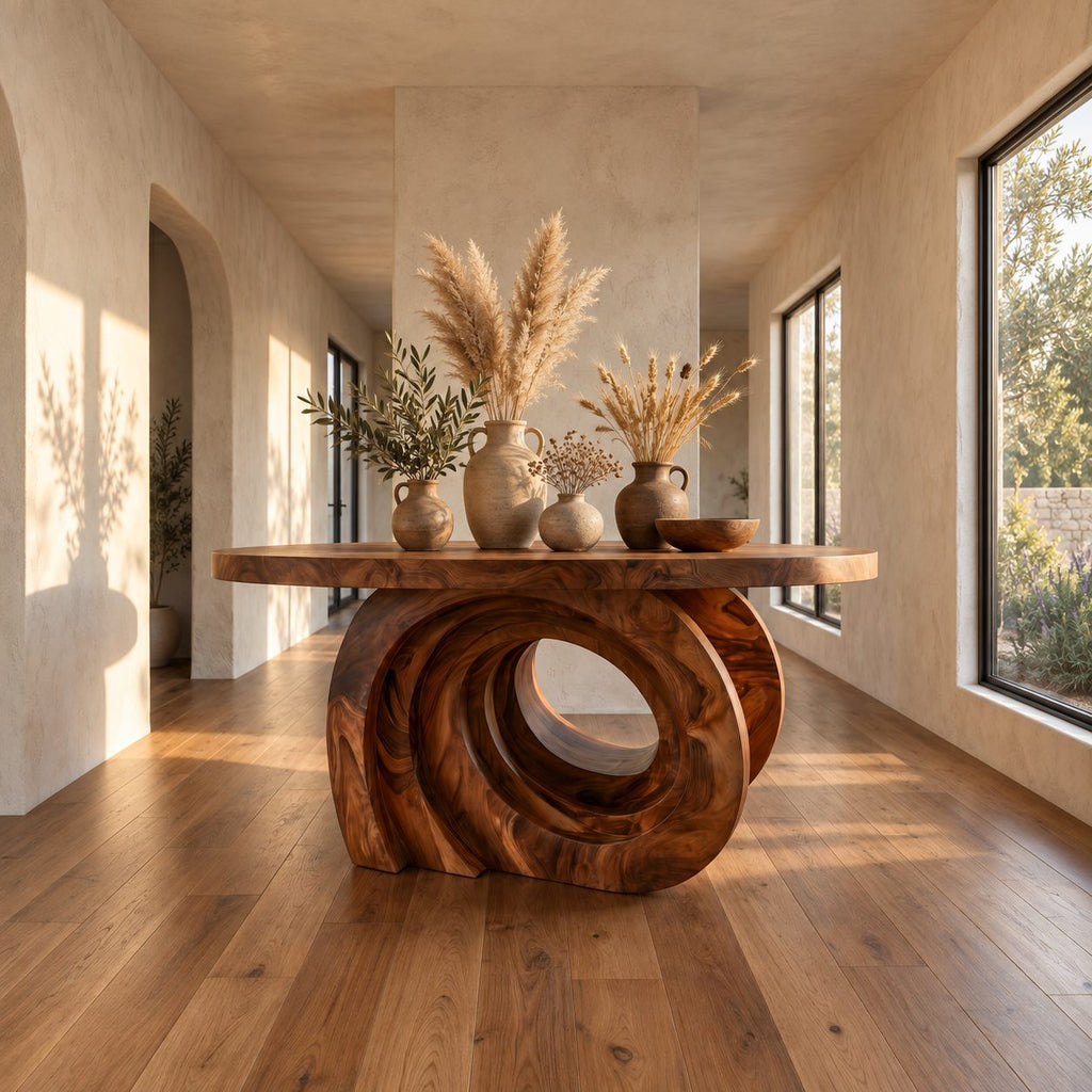 Round Entry Table with Carved Interlocking Ring Base, Chunky Solid Wood Foyer and Hallway Table