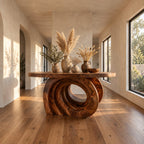 Round Entry Table with Carved Interlocking Ring Base, Chunky Solid Wood Foyer and Hallway Table