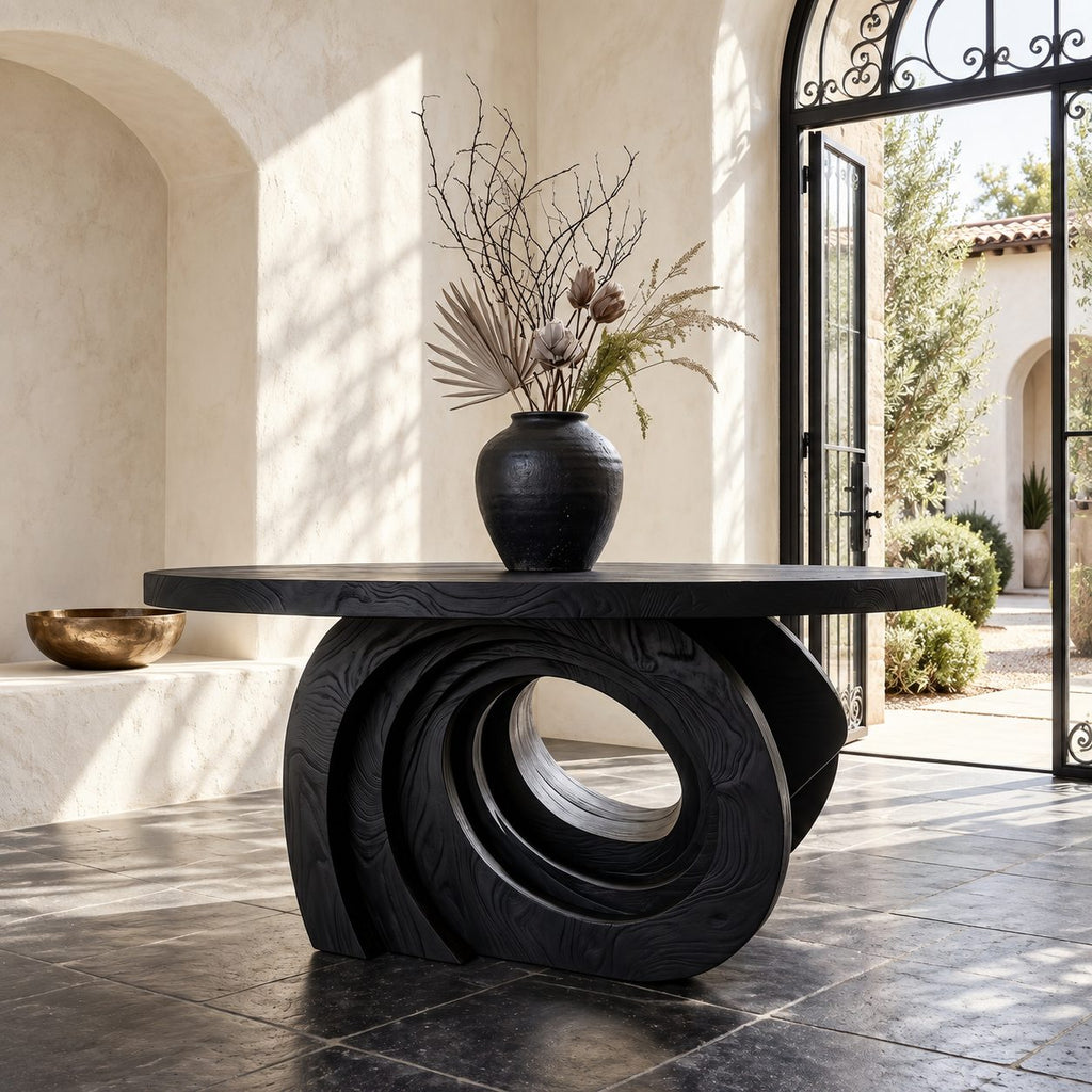 Round Entry Table with Carved Interlocking Ring Base, Chunky Solid Wood Foyer and Hallway Table