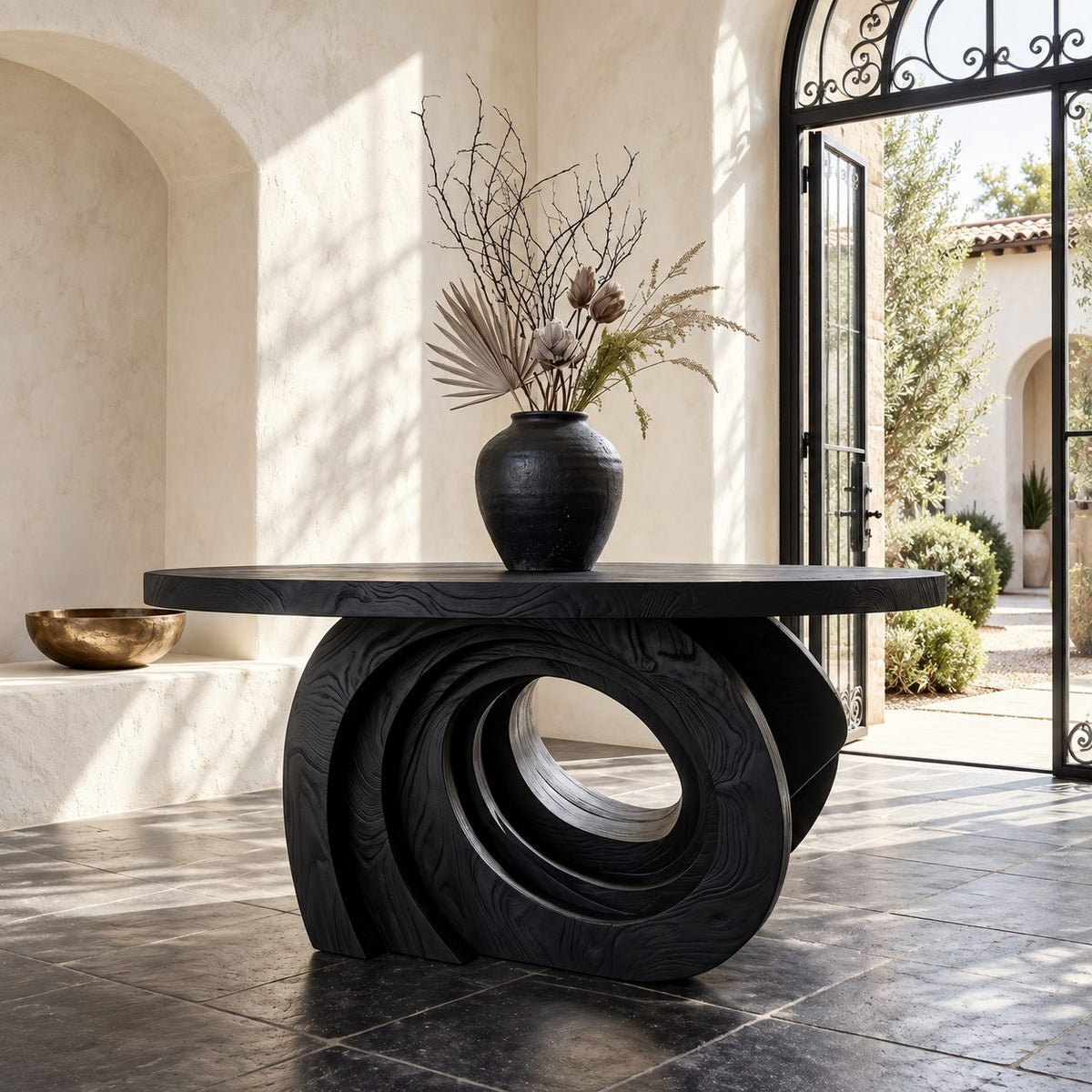 Round Entry Table with Carved Interlocking Ring Base, Chunky Solid Wood Foyer and Hallway Table