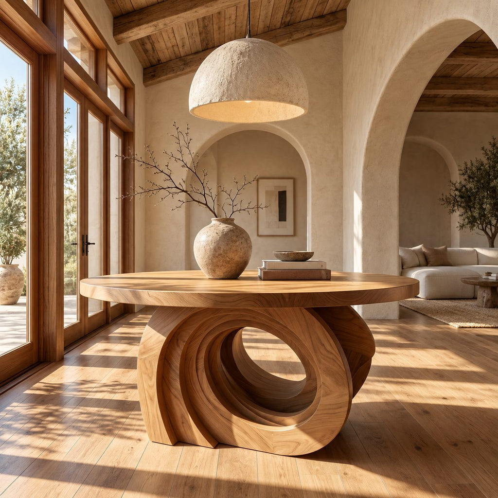 Round Entry Table with Carved Interlocking Ring Base, Chunky Solid Wood Foyer and Hallway Table