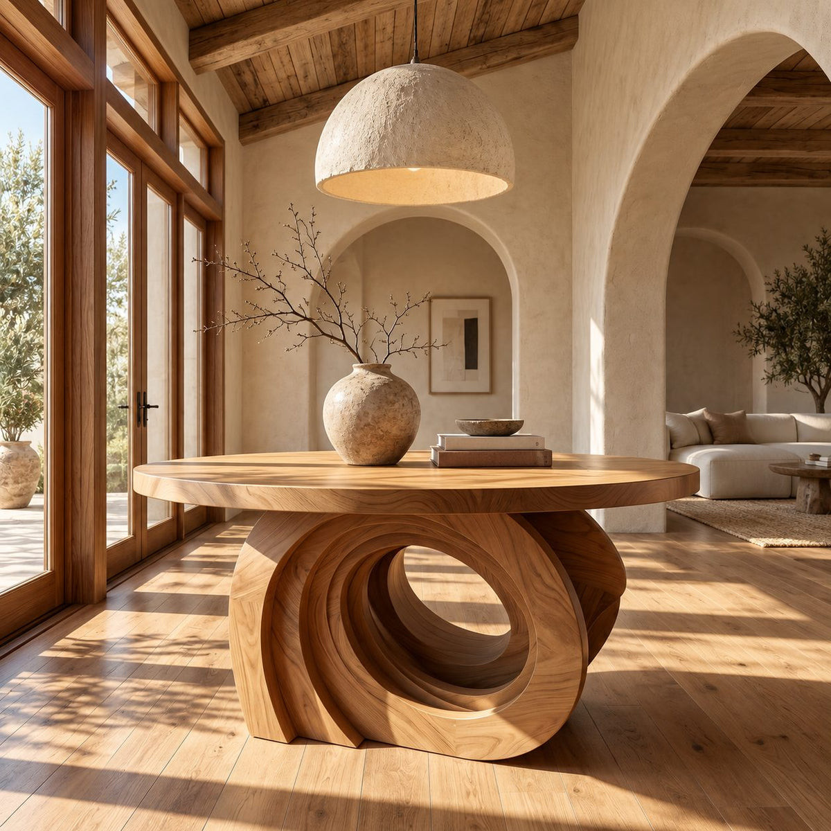 Round Entry Table with Carved Interlocking Ring Base, Chunky Solid Wood Foyer and Hallway Table