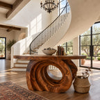 Round Entry Table with Carved Interlocking Ring Base, Chunky Solid Wood Foyer and Hallway Table