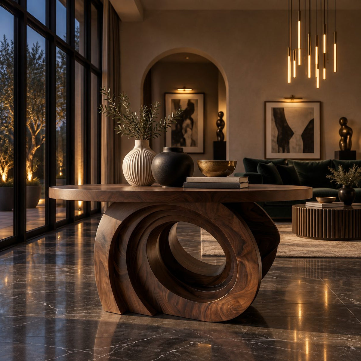 Round Entry Table with Carved Interlocking Ring Base, Chunky Solid Wood Foyer and Hallway Table