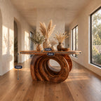 Round Entry Table with Carved Interlocking Ring Base, Chunky Solid Wood Foyer and Hallway Table