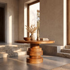 Round Entryway Table with Stacked Disc Pedestal, Modern Solid Wood Foyer Center Table for Lobby