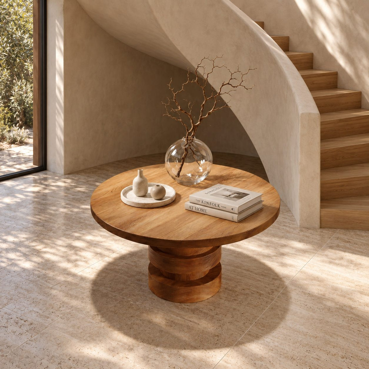 Round Entryway Table with Stacked Disc Pedestal, Modern Solid Wood Foyer Center Table for Lobby