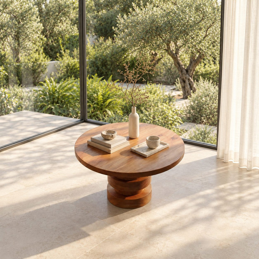 Round Entryway Table with Stacked Disc Pedestal, Modern Solid Wood Foyer Center Table for Lobby
