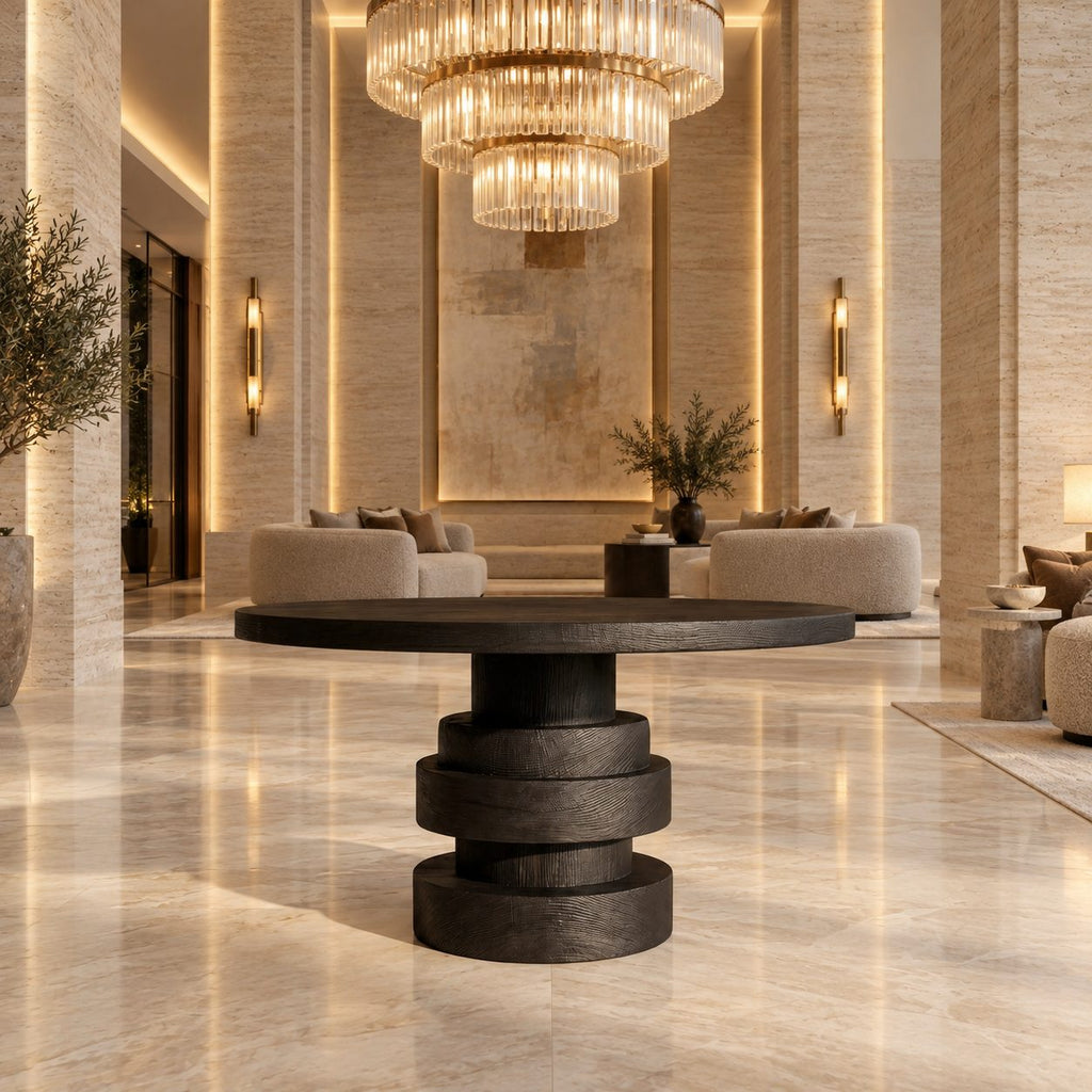Round Entryway Table with Stacked Disc Pedestal, Modern Solid Wood Foyer Center Table for Lobby