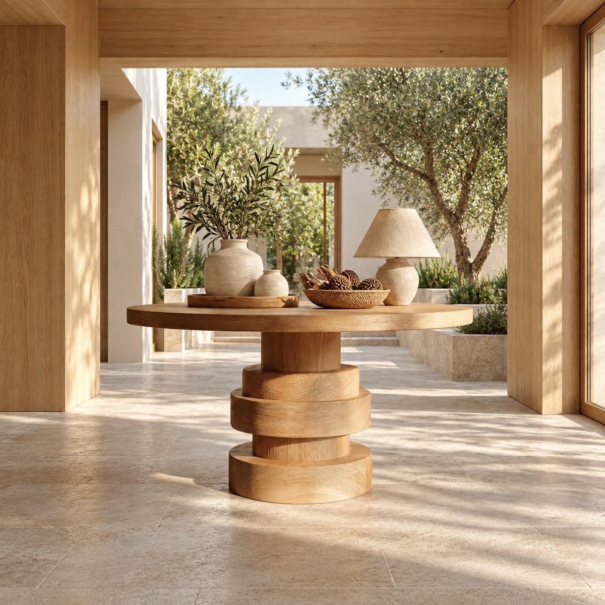 Round Entryway Table with Stacked Disc Pedestal, Modern Solid Wood Foyer Center Table for Lobby