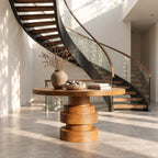 Round Entryway Table with Stacked Disc Pedestal, Modern Solid Wood Foyer Center Table for Lobby