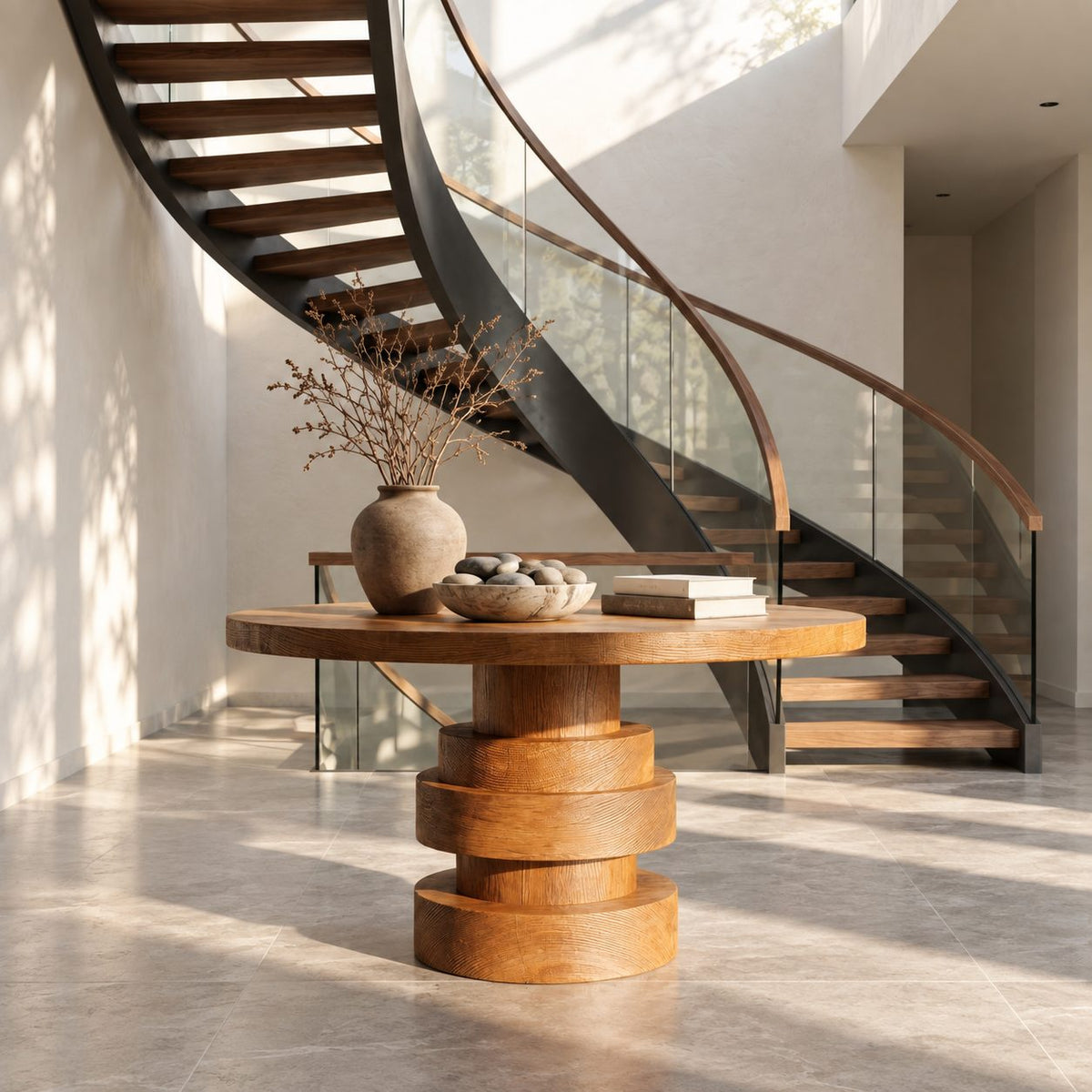 Round Entryway Table with Stacked Disc Pedestal, Modern Solid Wood Foyer Center Table for Lobby