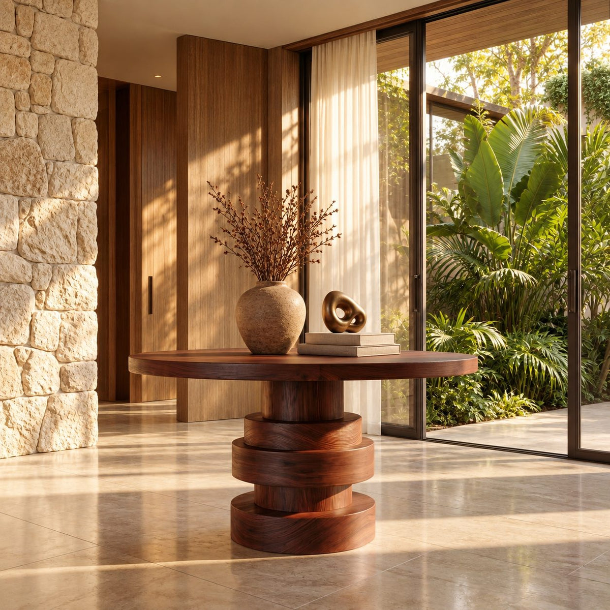 Round Entryway Table with Stacked Disc Pedestal, Modern Solid Wood Foyer Center Table for Lobby