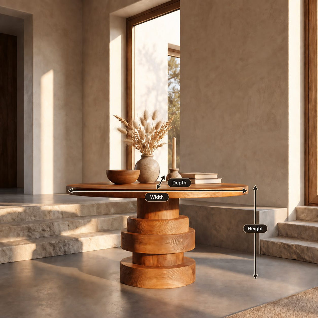 Round Entryway Table with Stacked Disc Pedestal, Modern Solid Wood Foyer Center Table for Lobby