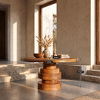 Round Entryway Table with Stacked Disc Pedestal, Modern Solid Wood Foyer Center Table for Lobby