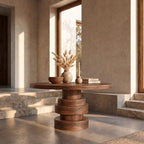Round Entryway Table with Stacked Disc Pedestal, Modern Solid Wood Foyer Center Table for Lobby
