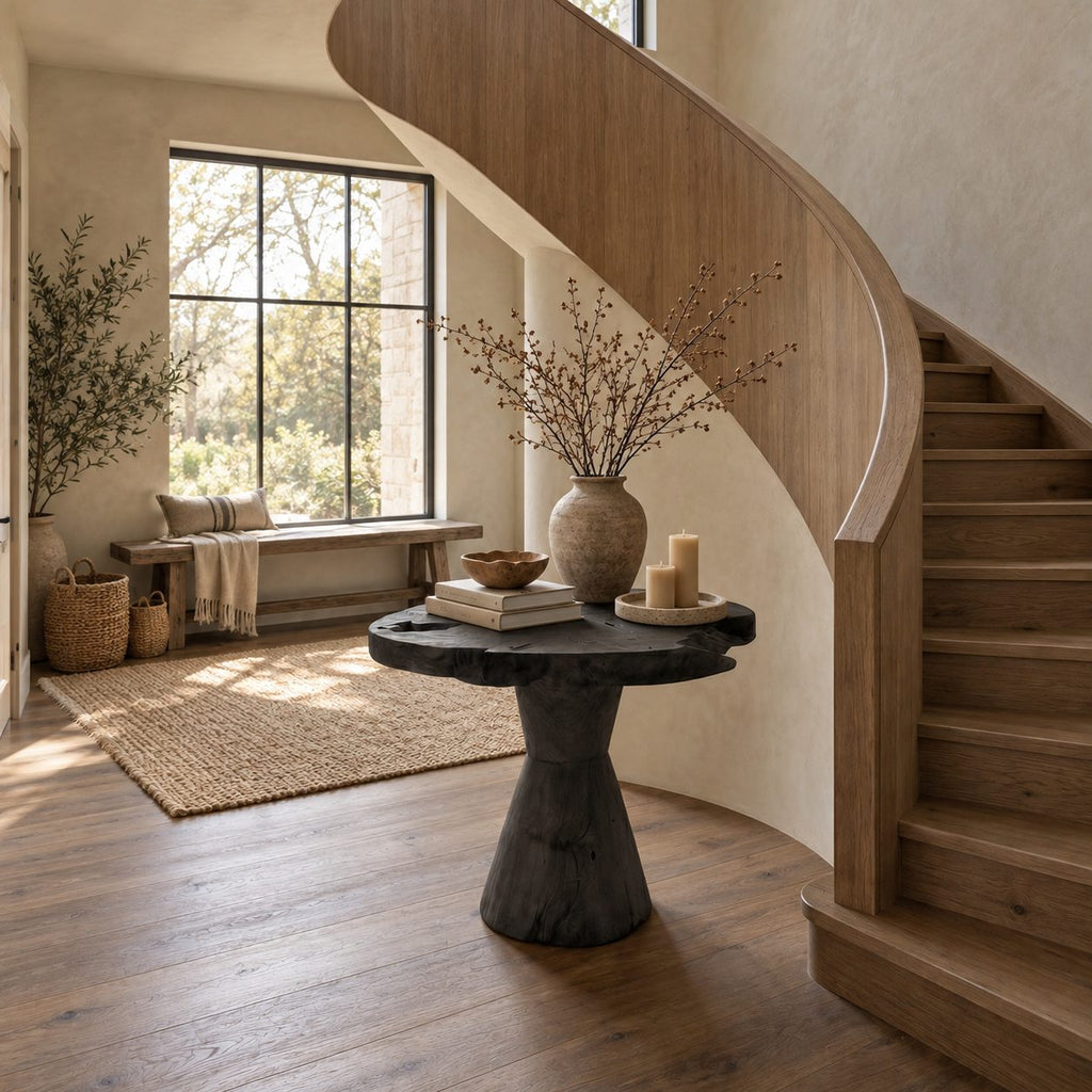 Live Edge Foyer Table with Tapered Trunk Pedestal, Rustic Round Solid Wood Entryway Accent Table