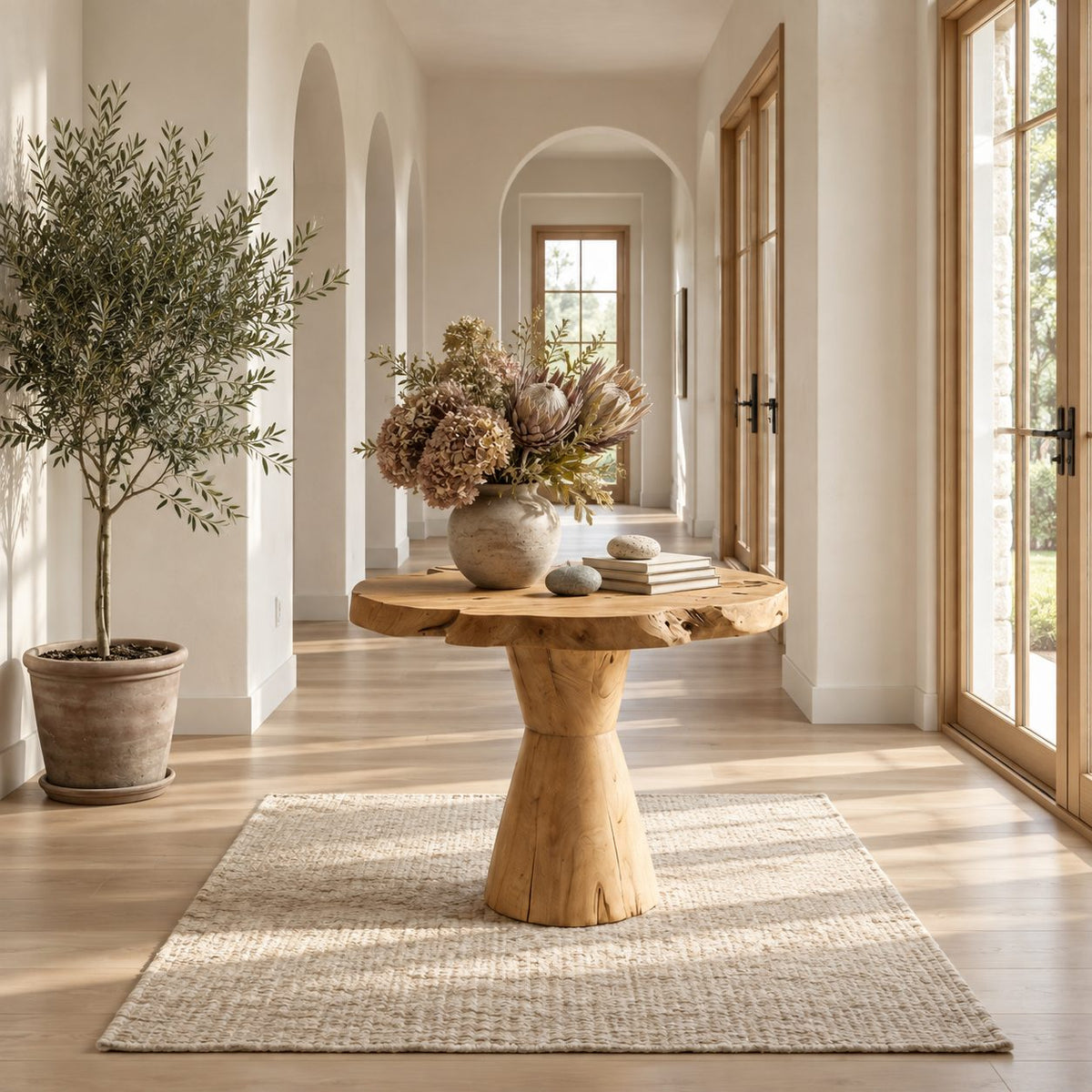 Live Edge Foyer Table with Tapered Trunk Pedestal, Rustic Round Solid Wood Entryway Accent Table
