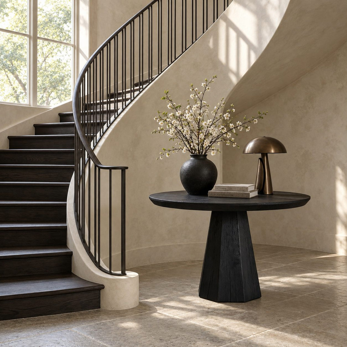 Round Pedestal Entryway Table with Faceted Tapered Base, Minimalist Solid Wood Foyer Hallway Table