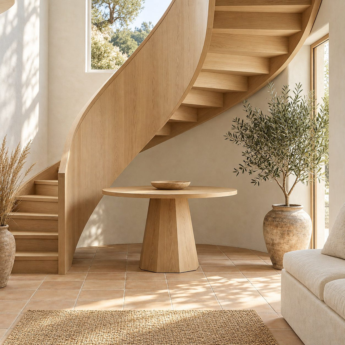 Round Pedestal Entryway Table with Faceted Tapered Base, Minimalist Solid Wood Foyer Hallway Table