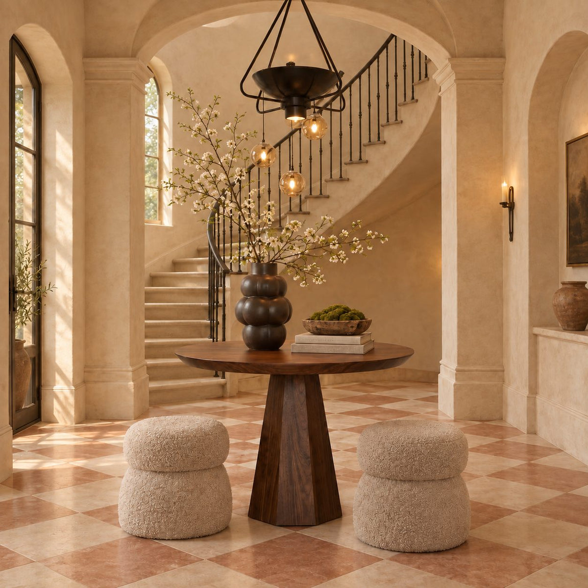 Round Pedestal Entryway Table with Faceted Tapered Base, Minimalist Solid Wood Foyer Hallway Table