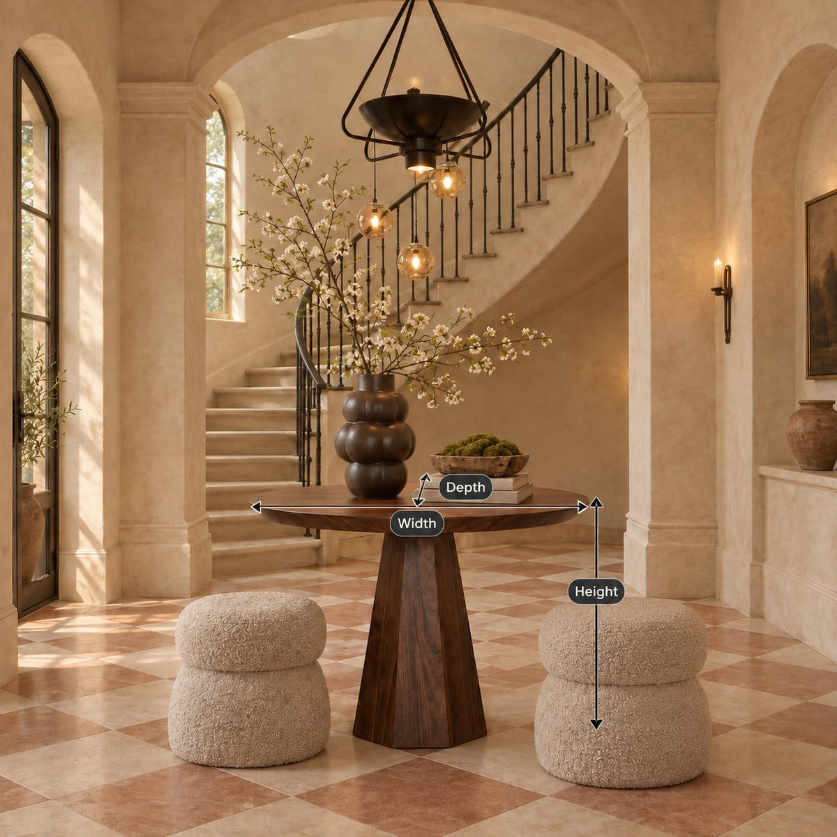 Round Pedestal Entryway Table with Faceted Tapered Base, Minimalist Solid Wood Foyer Hallway Table