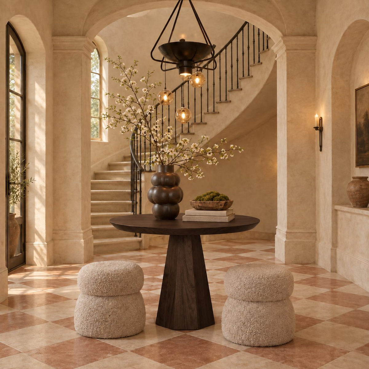 Round Pedestal Entryway Table with Faceted Tapered Base, Minimalist Solid Wood Foyer Hallway Table
