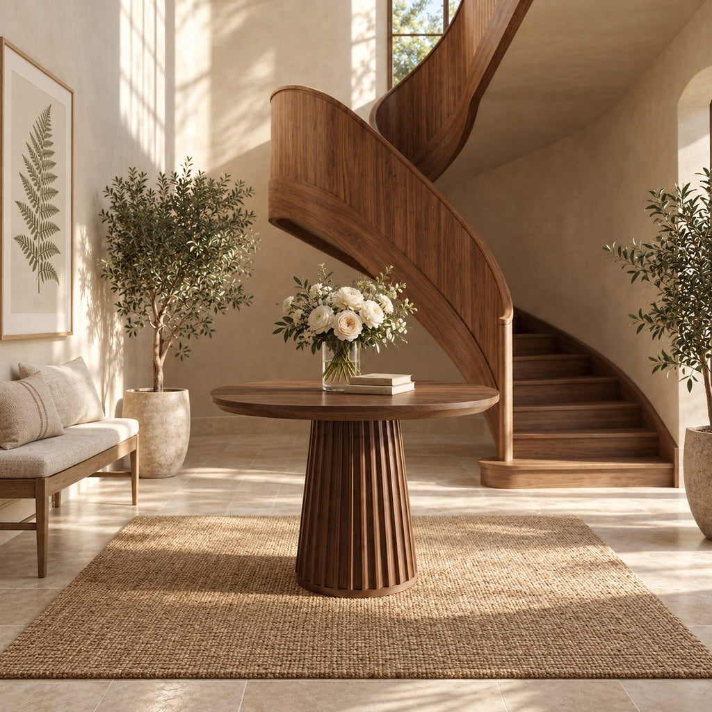 Round Foyer Table with Fluted Cone Pedestal, Reeded Solid Wood Entryway Table for Hallway and Stairs