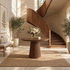 Round Foyer Table with Fluted Cone Pedestal, Reeded Solid Wood Entryway Table for Hallway and Stairs