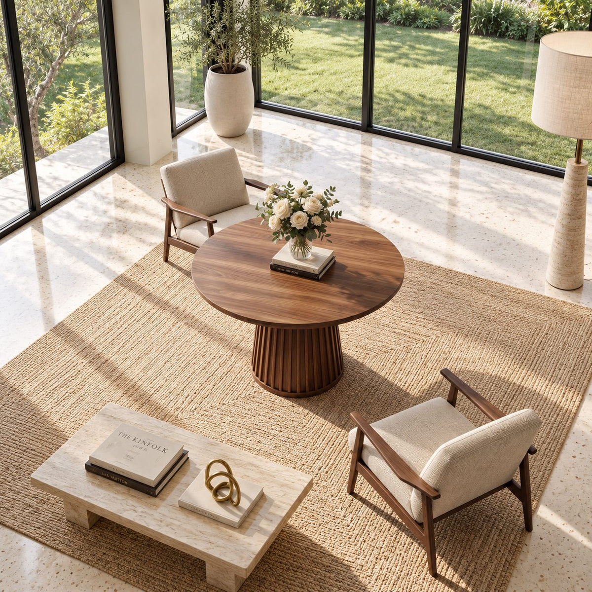 Round Foyer Table with Fluted Cone Pedestal, Reeded Solid Wood Entryway Table for Hallway and Stairs