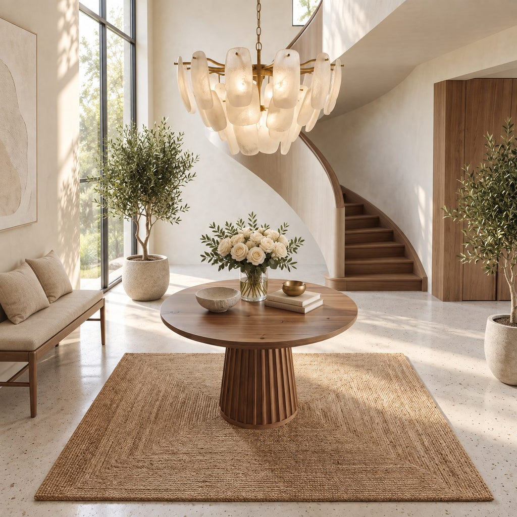 Round Foyer Table with Fluted Cone Pedestal, Reeded Solid Wood Entryway Table for Hallway and Stairs