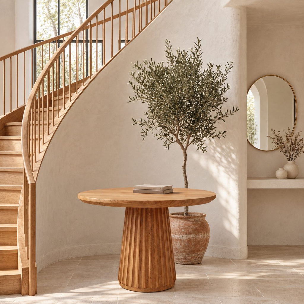 Round Foyer Table with Fluted Cone Pedestal, Reeded Solid Wood Entryway Table for Hallway and Stairs