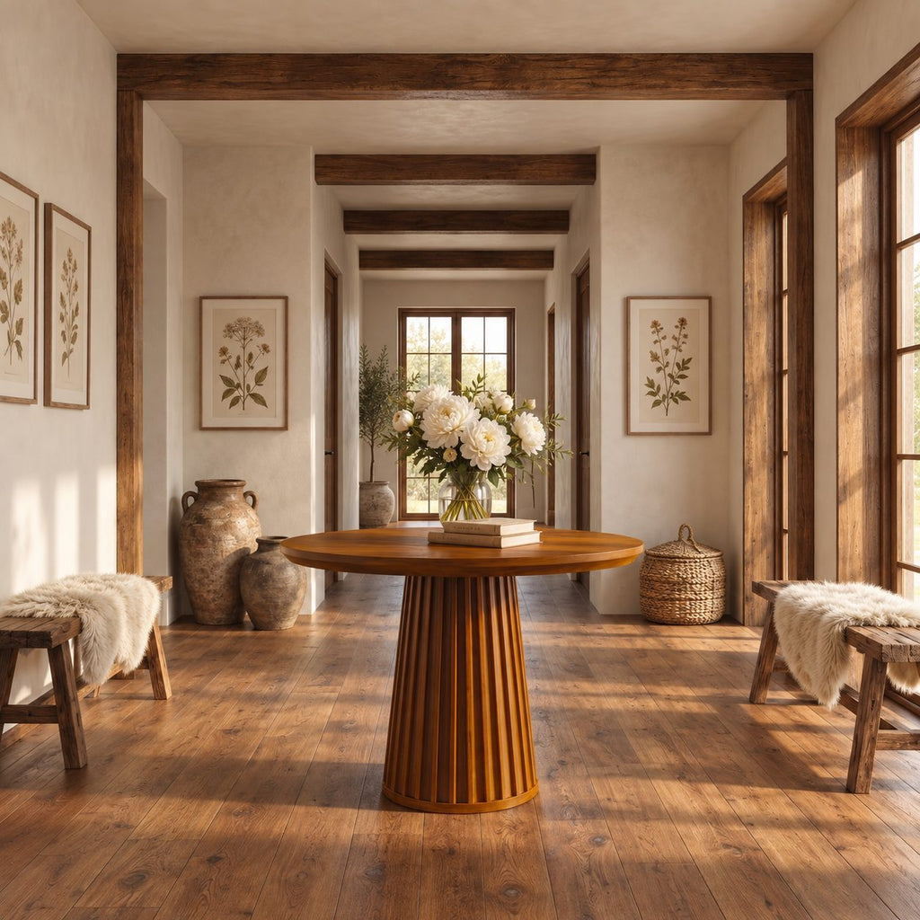 Round Foyer Table with Fluted Cone Pedestal, Reeded Solid Wood Entryway Table for Hallway and Stairs