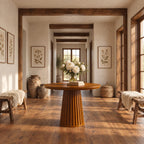 Round Foyer Table with Fluted Cone Pedestal, Reeded Solid Wood Entryway Table for Hallway and Stairs