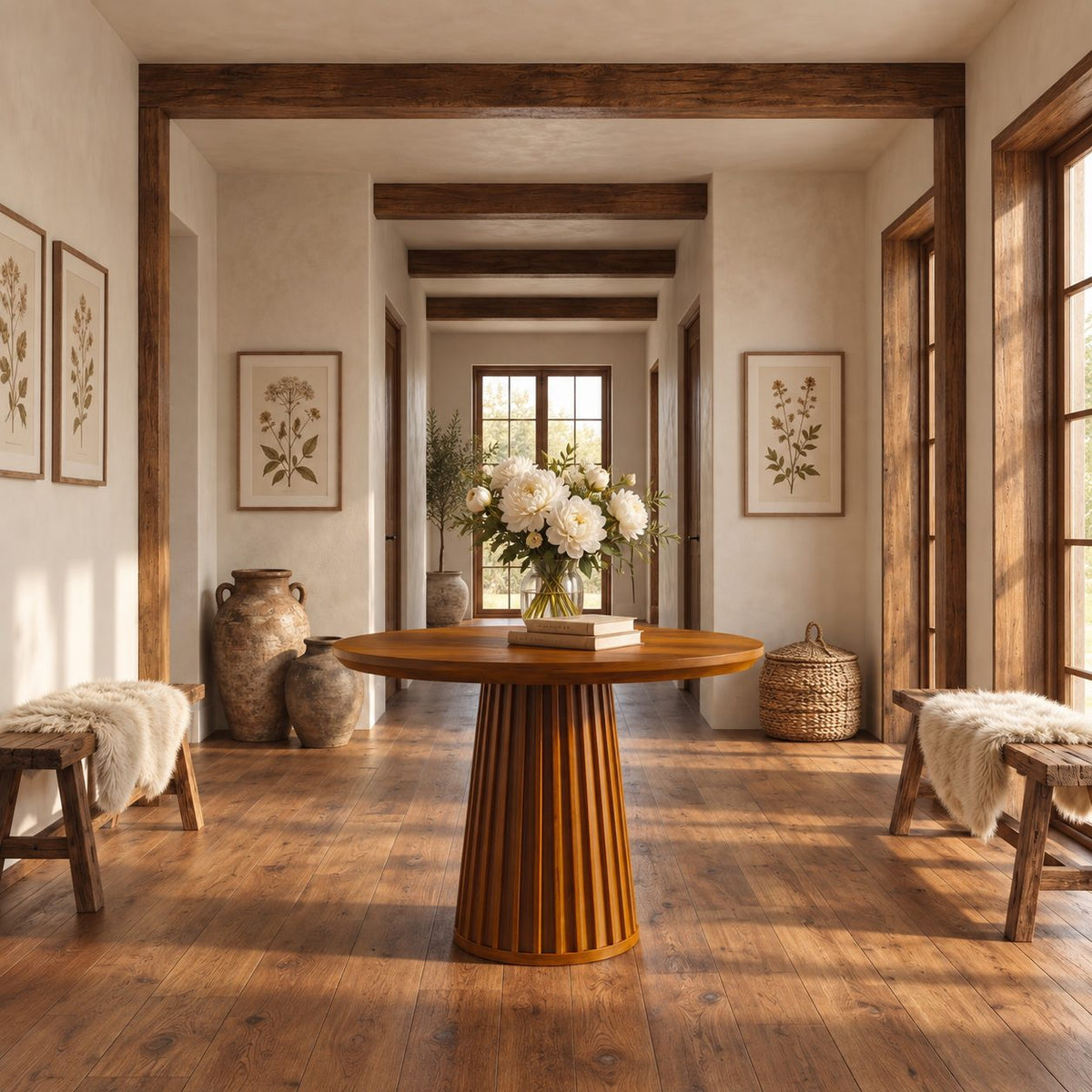 Round Foyer Table with Fluted Cone Pedestal, Reeded Solid Wood Entryway Table for Hallway and Stairs