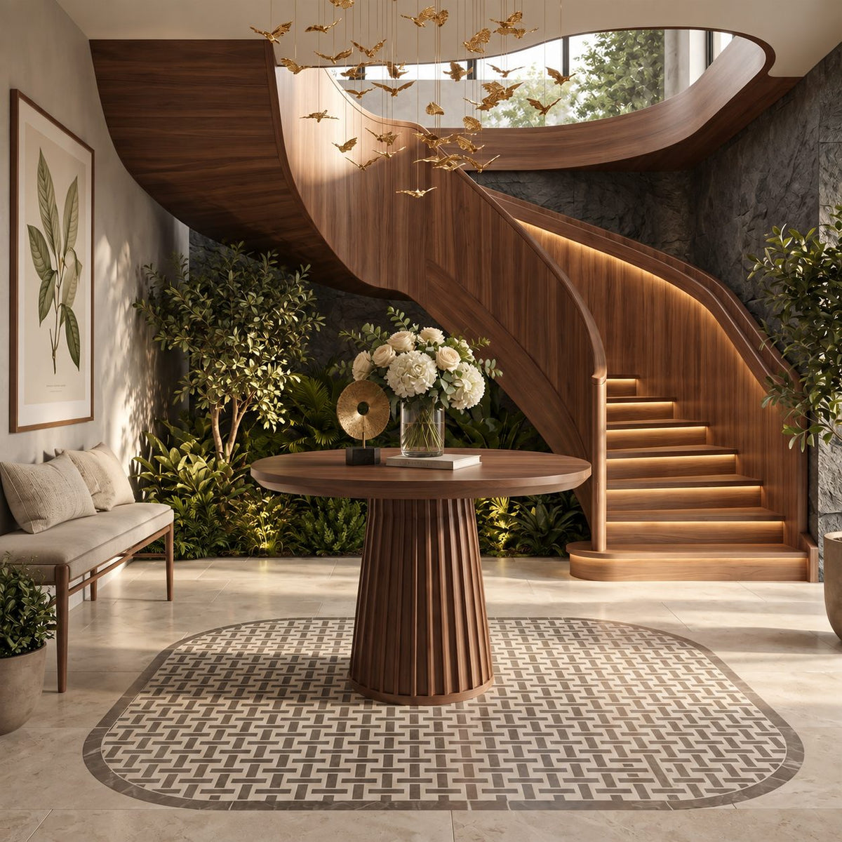 Round Foyer Table with Fluted Cone Pedestal, Reeded Solid Wood Entryway Table for Hallway and Stairs
