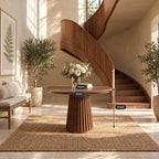 Round Foyer Table with Fluted Cone Pedestal, Reeded Solid Wood Entryway Table for Hallway and Stairs