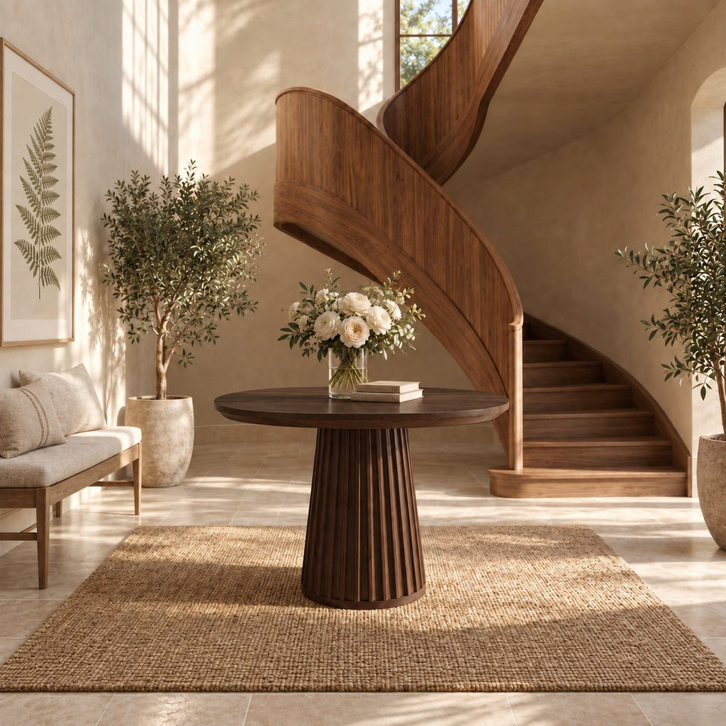 Round Foyer Table with Fluted Cone Pedestal, Reeded Solid Wood Entryway Table for Hallway and Stairs