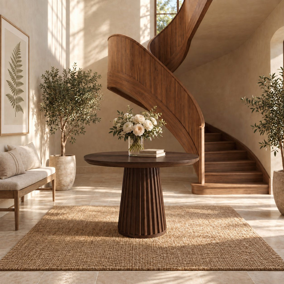 Round Foyer Table with Fluted Cone Pedestal, Reeded Solid Wood Entryway Table for Hallway and Stairs