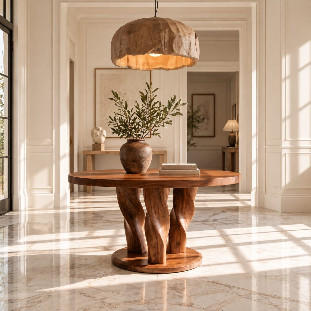 Twisted Tree Round Entryway Table with Three Carved Legs on Plinth, Rustic Solid Wood Foyer Table