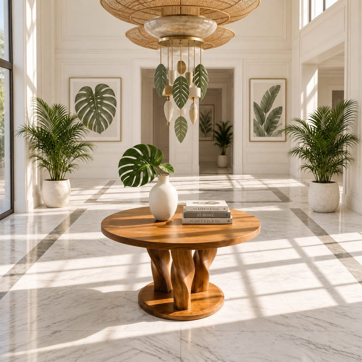 Twisted Tree Round Entryway Table with Three Carved Legs on Plinth, Rustic Solid Wood Foyer Table