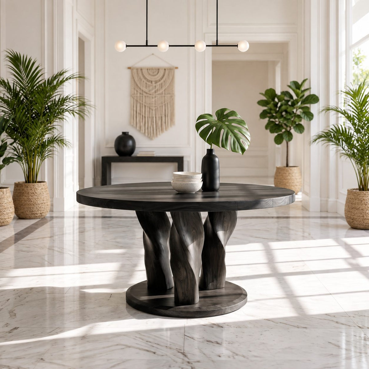 Twisted Tree Round Entryway Table with Three Carved Legs on Plinth, Rustic Solid Wood Foyer Table