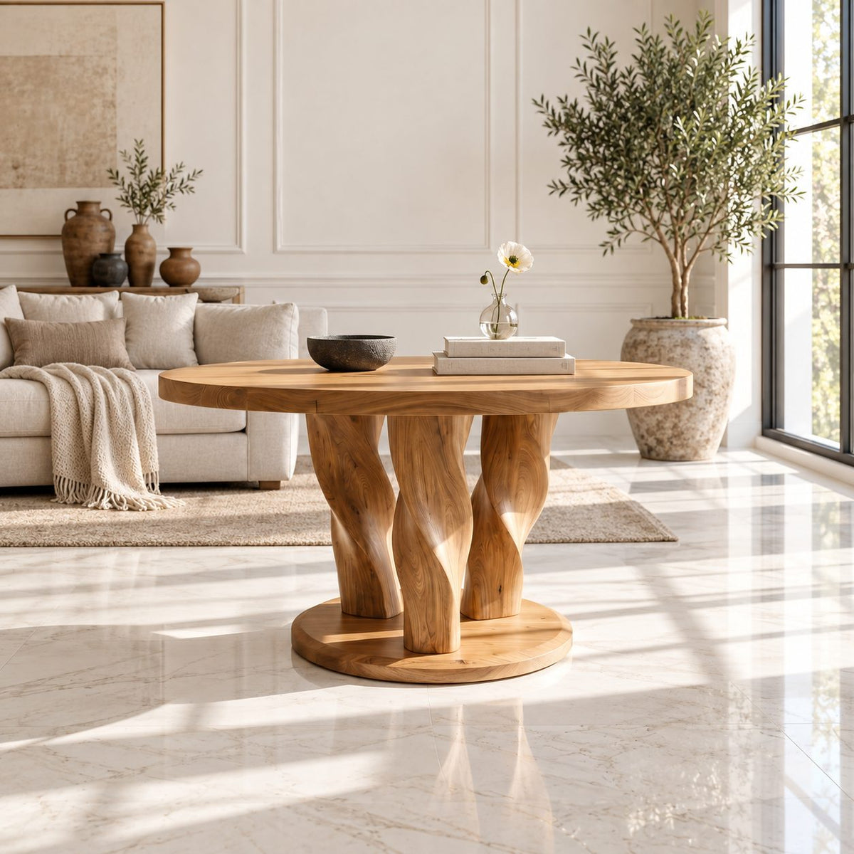 Twisted Tree Round Entryway Table with Three Carved Legs on Plinth, Rustic Solid Wood Foyer Table
