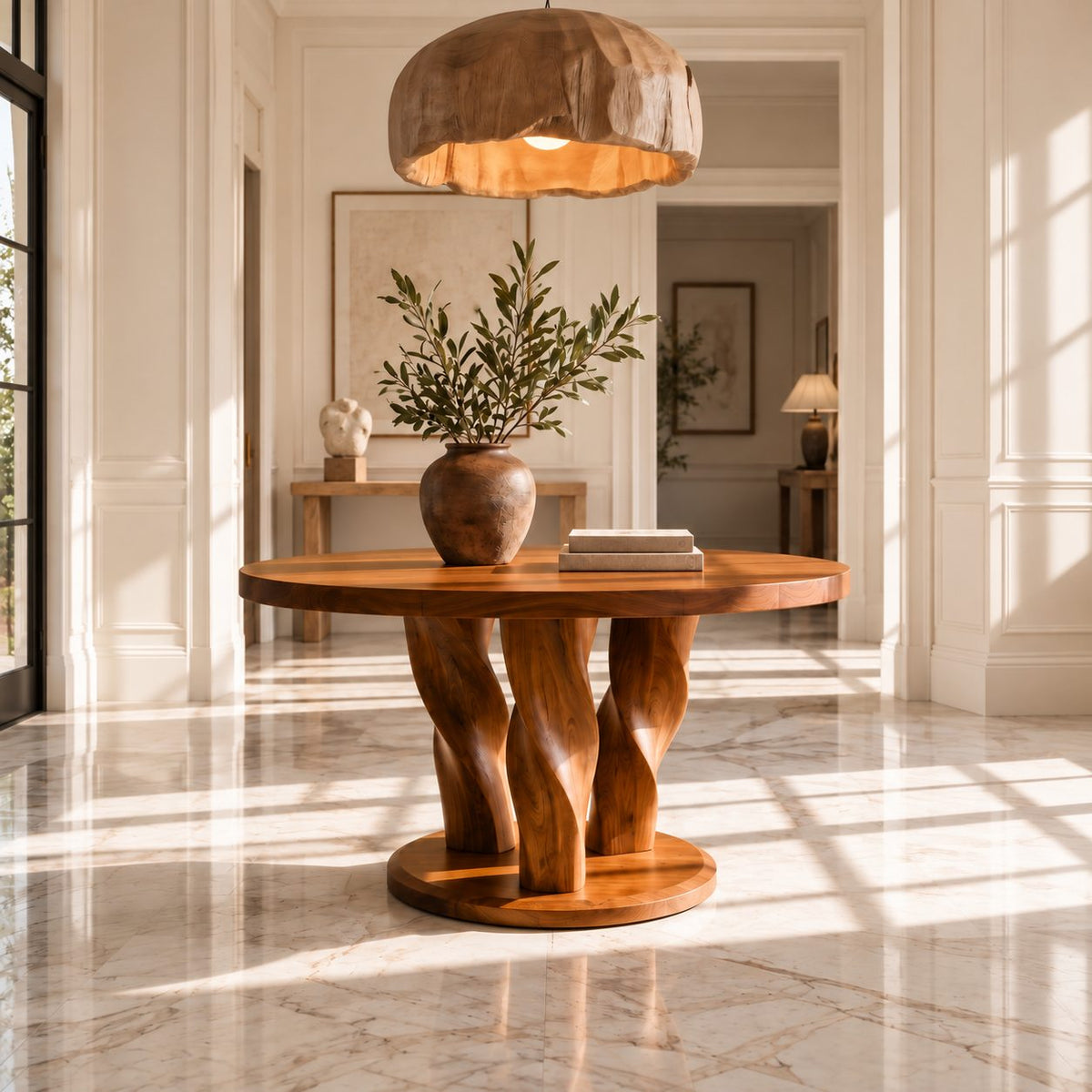 Twisted Tree Round Entryway Table with Three Carved Legs on Plinth, Rustic Solid Wood Foyer Table