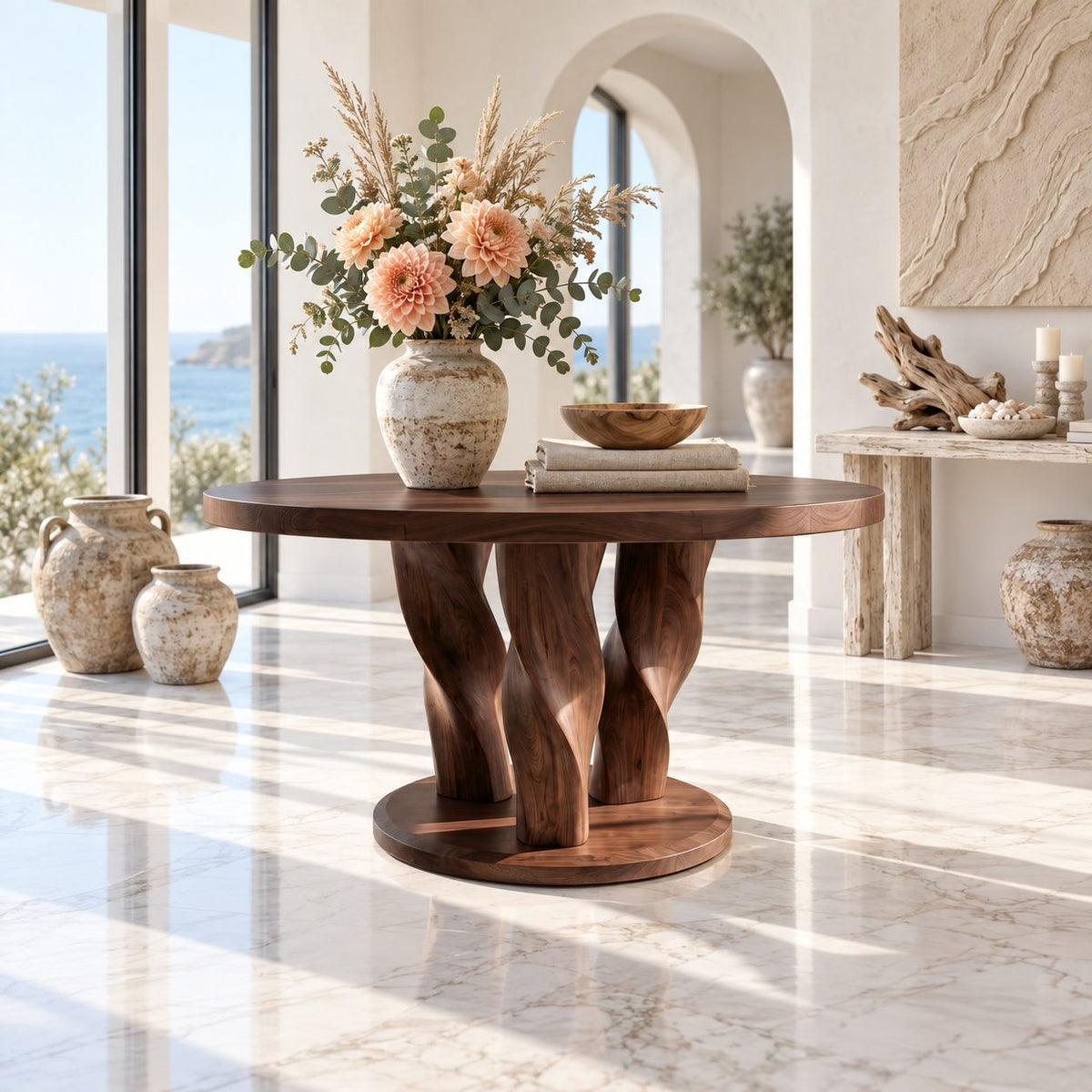 Twisted Tree Round Entryway Table with Three Carved Legs on Plinth, Rustic Solid Wood Foyer Table